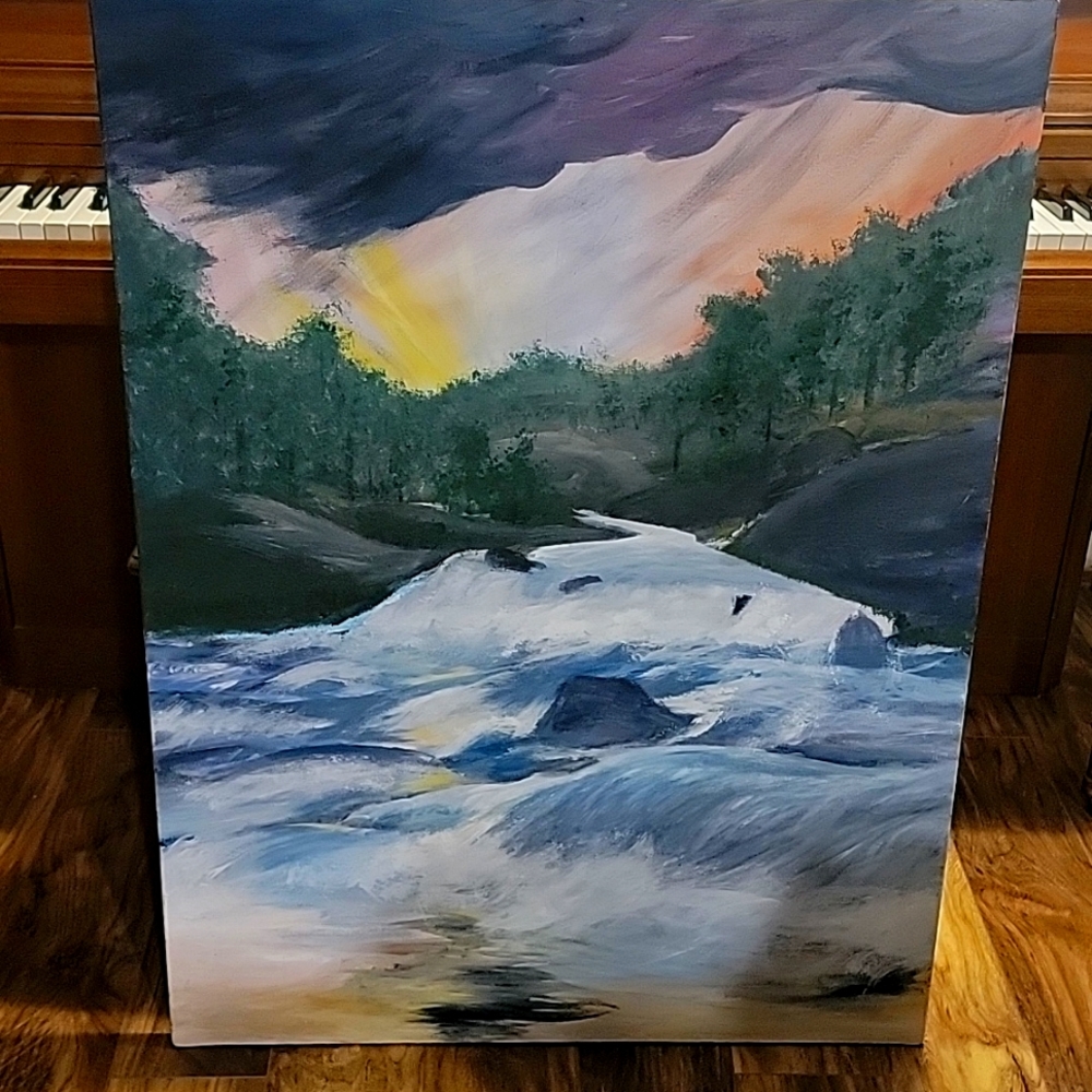 Painting Mountain River on Canvas